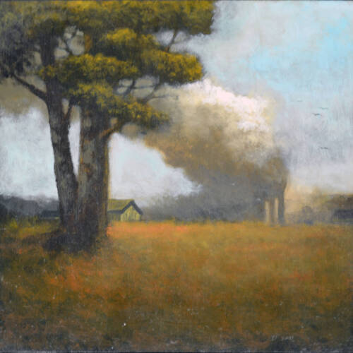 Landscape with one prominent tree, green grass, blue sky, and smoke stacks with smoke.